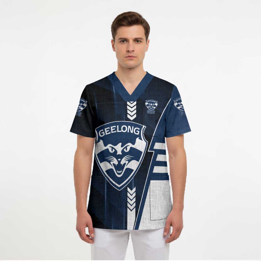 Personalized Geelong Cats Scrub Top Modern Geometric Sports Graphic Style