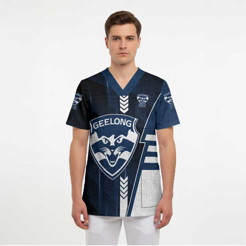 Personalized Geelong Cats Scrub Top Modern Geometric Sports Graphic Style