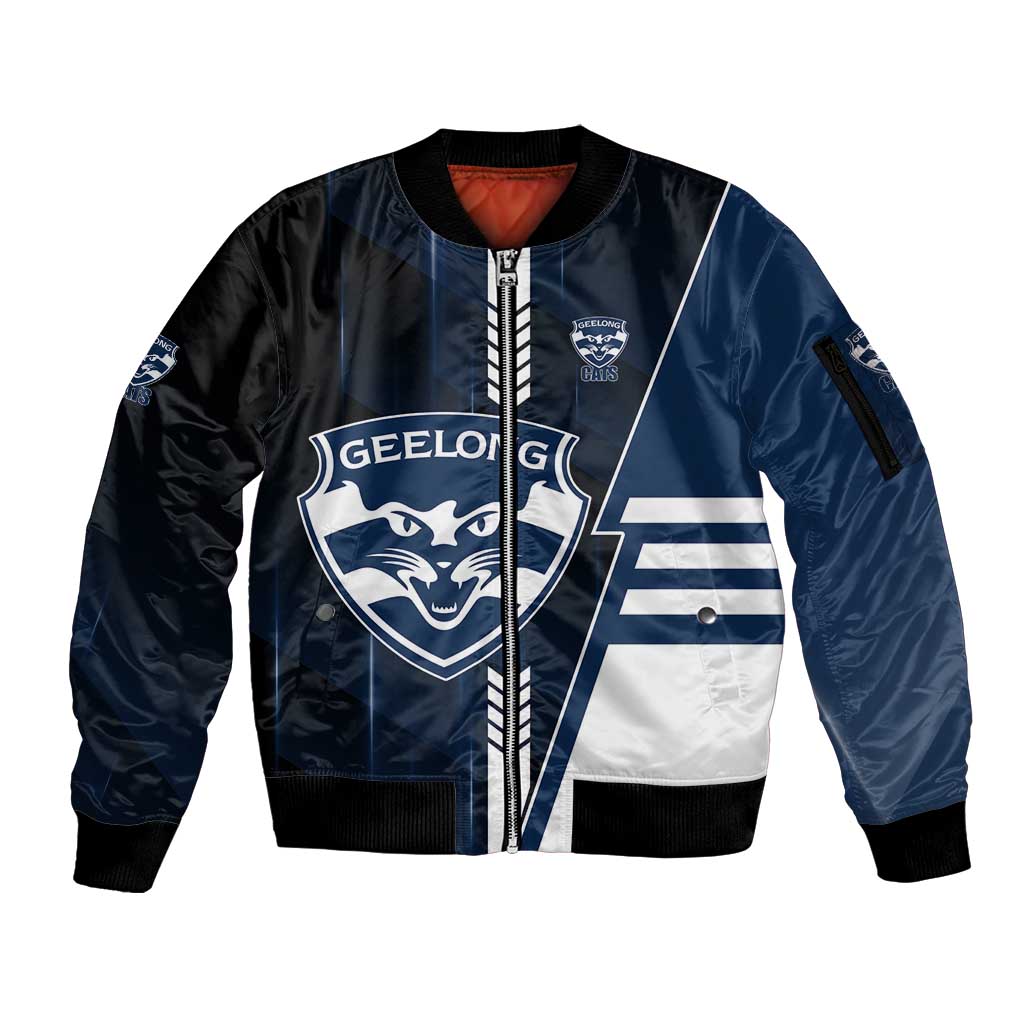 Personalized Geelong Cats Sleeve Zip Bomber Jacket Modern Geometric Sports Graphic Style