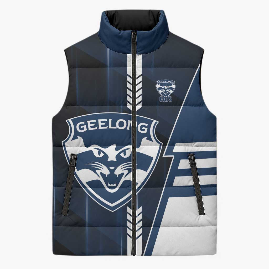 Personalized Geelong Cats Sleeveless Puffer Jacket Modern Geometric Sports Graphic Style