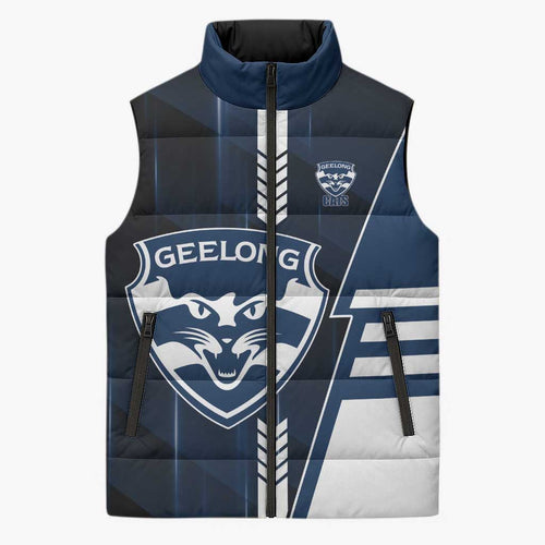 Personalized Geelong Cats Sleeveless Puffer Jacket Modern Geometric Sports Graphic Style