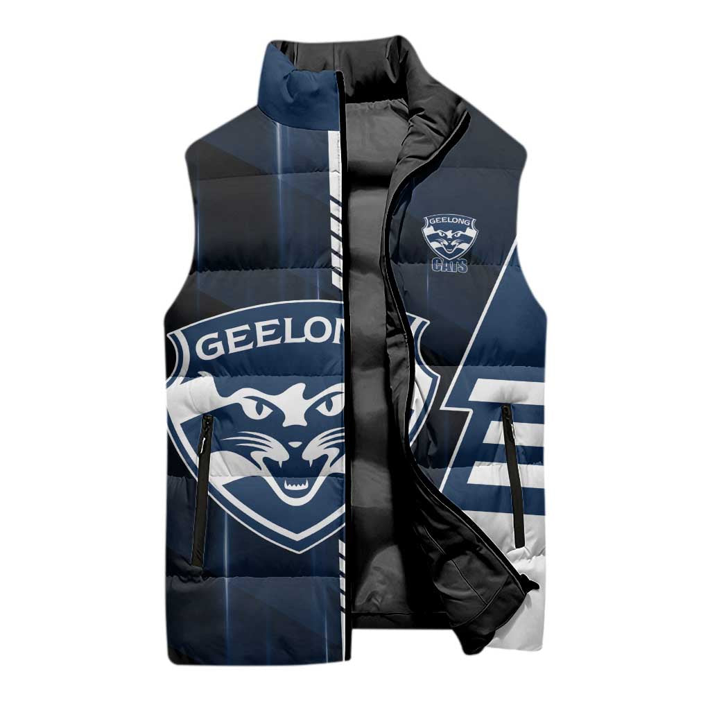 Personalized Geelong Cats Sleeveless Puffer Jacket Modern Geometric Sports Graphic Style