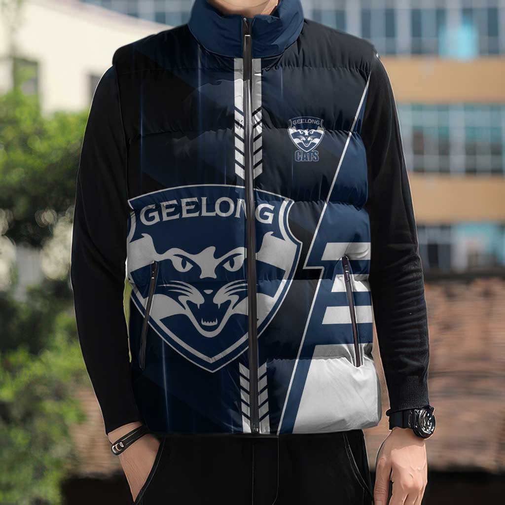 Personalized Geelong Cats Sleeveless Puffer Jacket Modern Geometric Sports Graphic Style