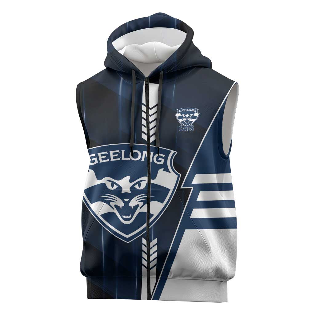 Personalized Geelong Cats Sleeveless Zip Hoodie Modern Geometric Sports Graphic Style