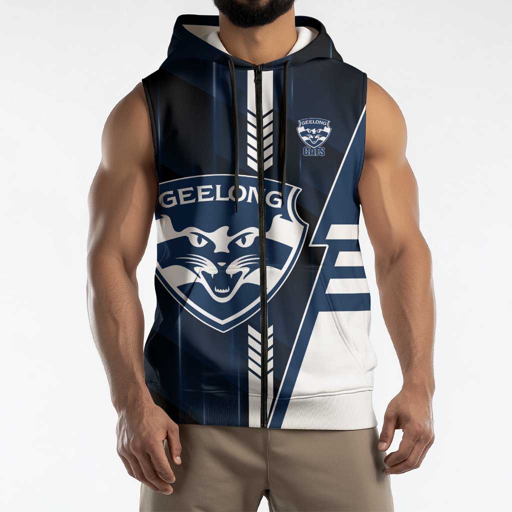 Personalized Geelong Cats Sleeveless Zip Hoodie Modern Geometric Sports Graphic Style
