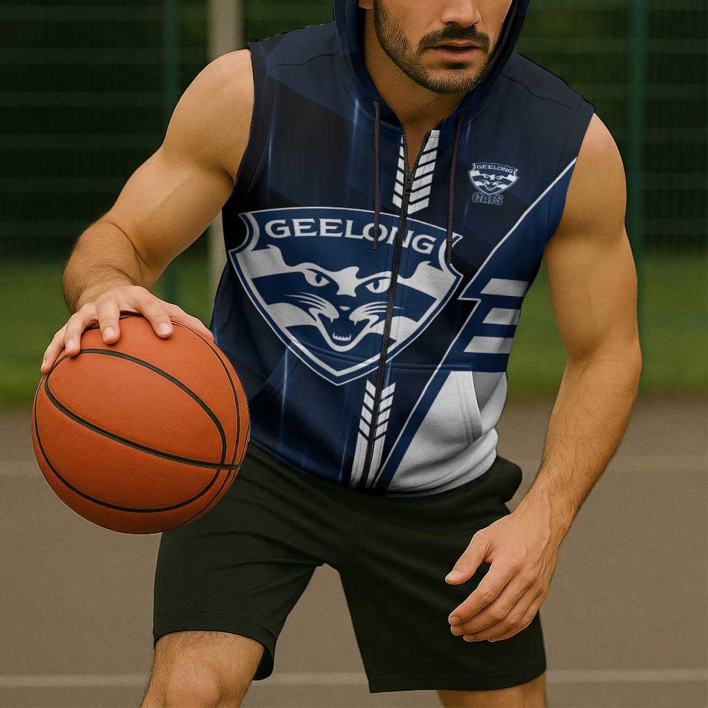 Personalized Geelong Cats Sleeveless Zip Hoodie Modern Geometric Sports Graphic Style