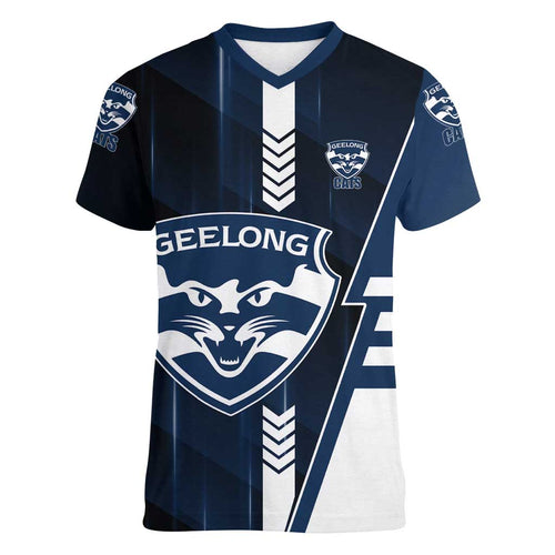 Personalized Geelong Cats Women V-Neck T-Shirt Modern Geometric Sports Graphic Style