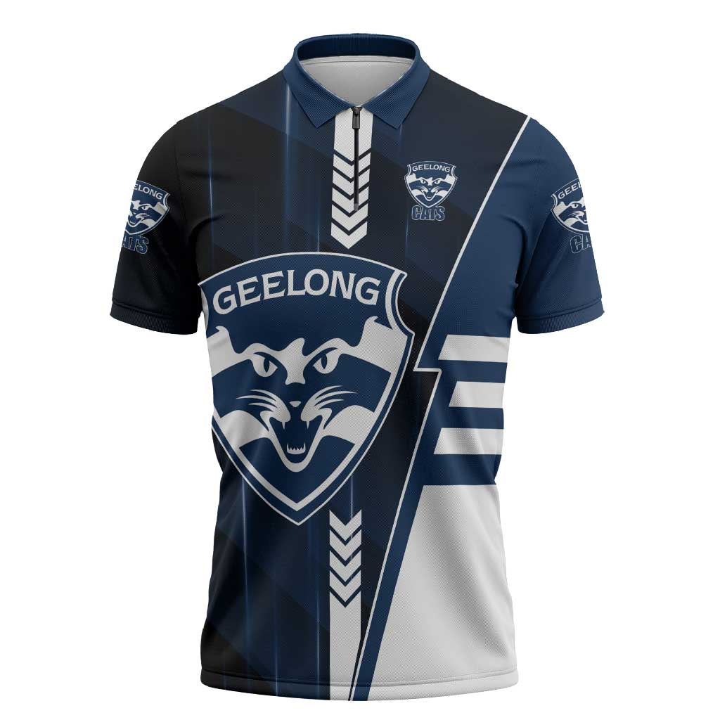 Personalized Geelong Cats Zipper Polo Shirt Modern Geometric Sports Graphic Style