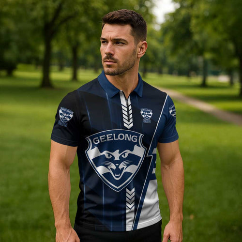 Personalized Geelong Cats Zipper Polo Shirt Modern Geometric Sports Graphic Style