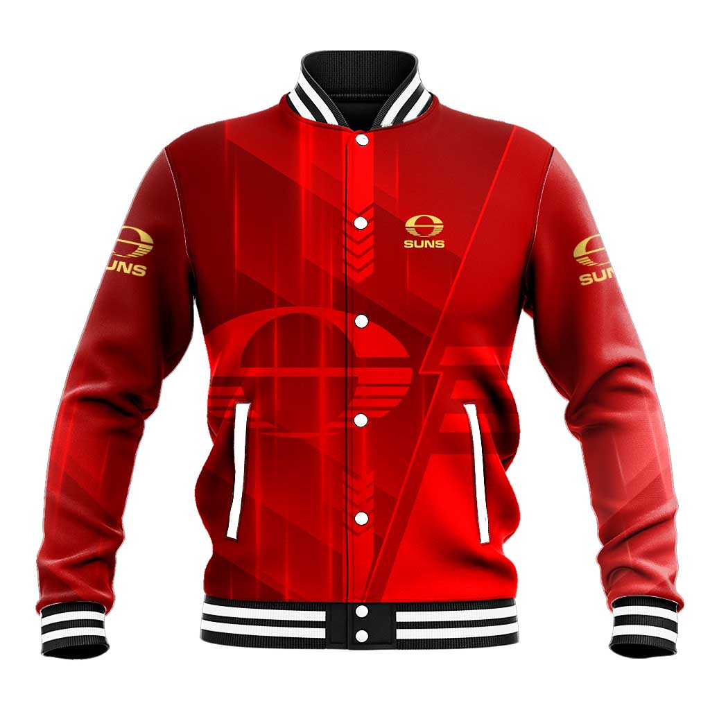 Personalized Gold Coast Suns Baseball Jacket Modern Geometric Sports Graphic Style