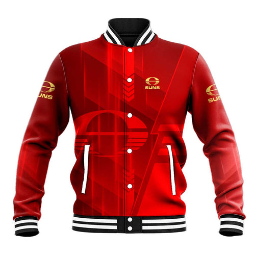 Personalized Gold Coast Suns Baseball Jacket Modern Geometric Sports Graphic Style
