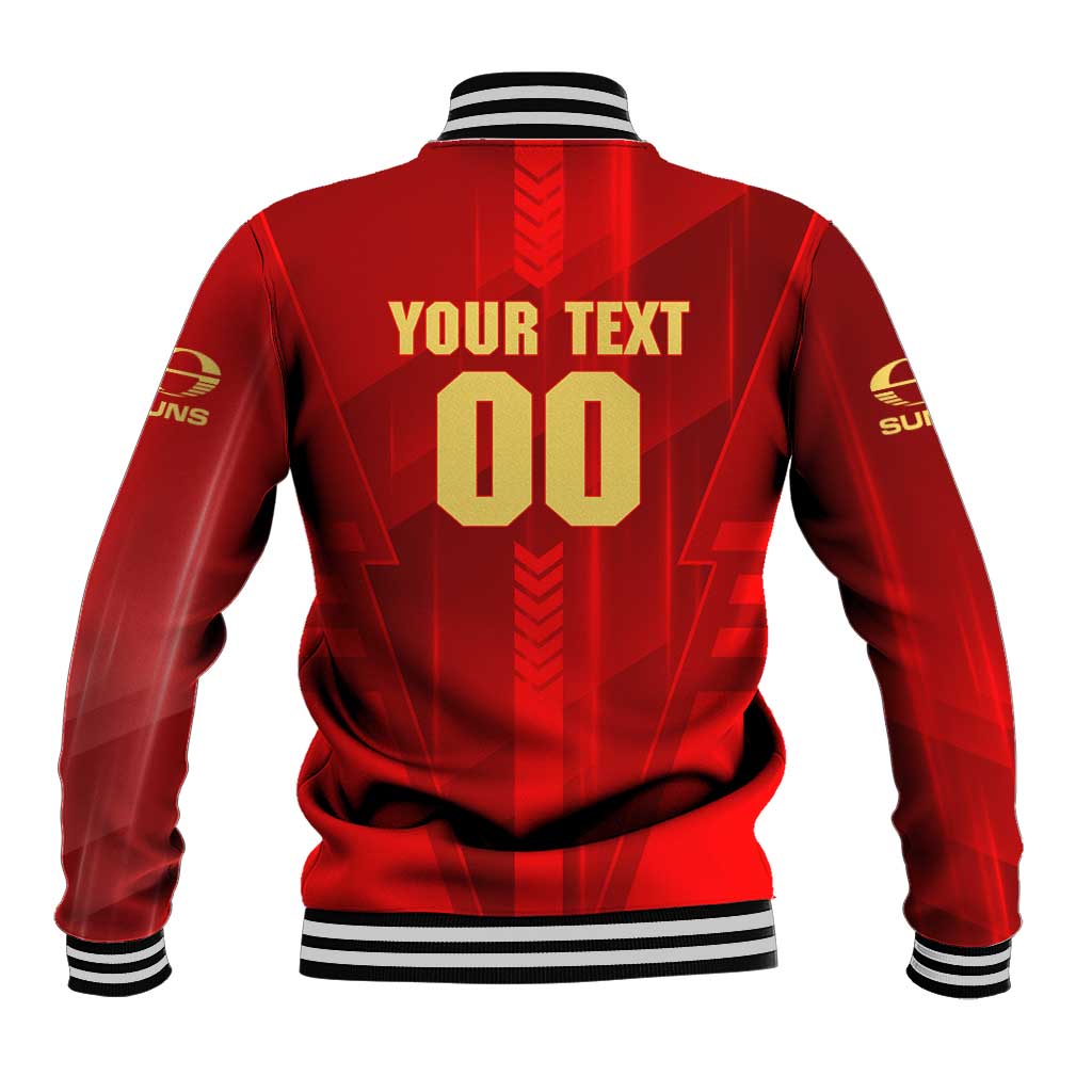 Personalized Gold Coast Suns Baseball Jacket Modern Geometric Sports Graphic Style