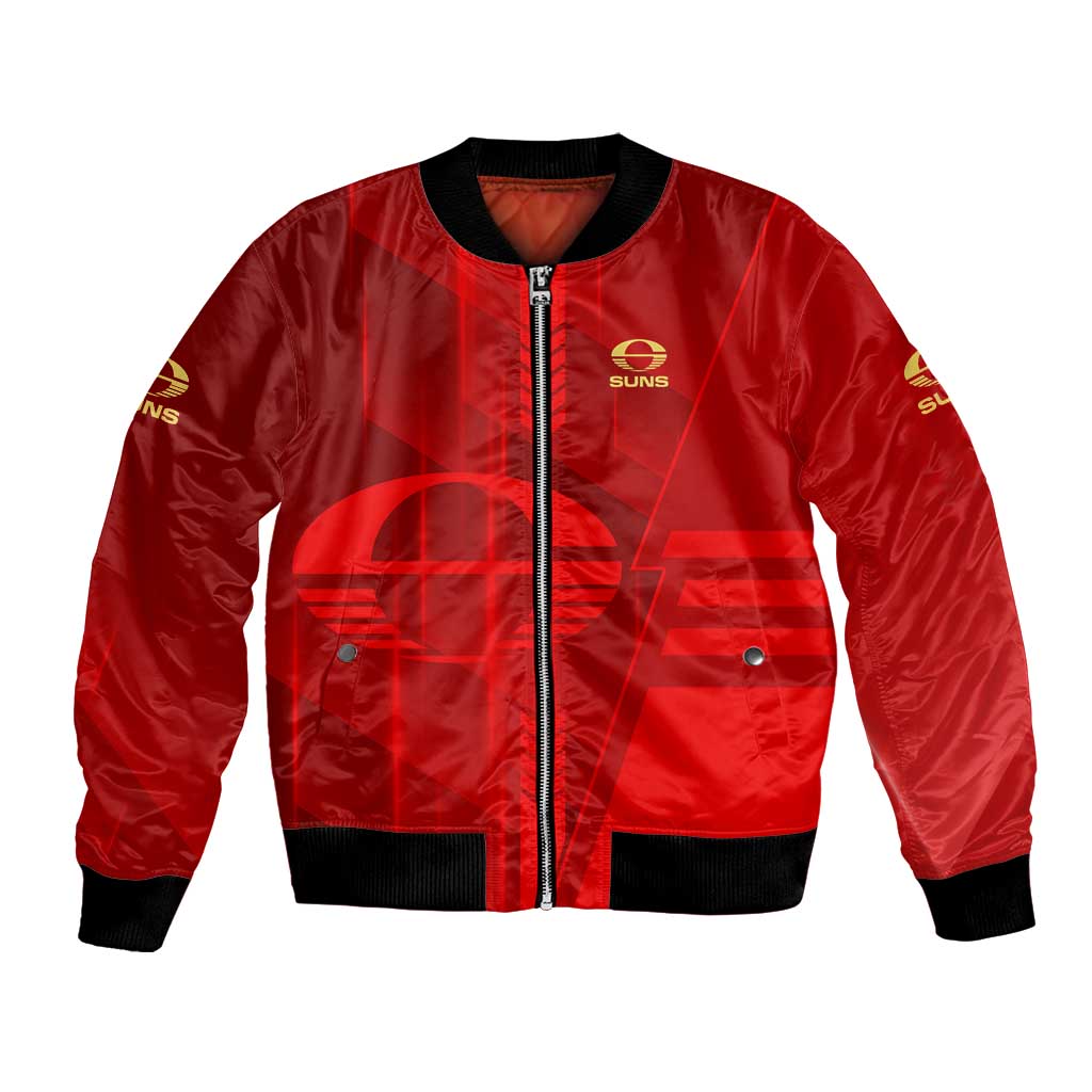 Personalized Gold Coast Suns Bomber Jacket Modern Geometric Sports Graphic Style