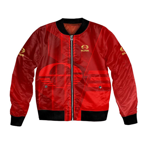 Personalized Gold Coast Suns Bomber Jacket Modern Geometric Sports Graphic Style