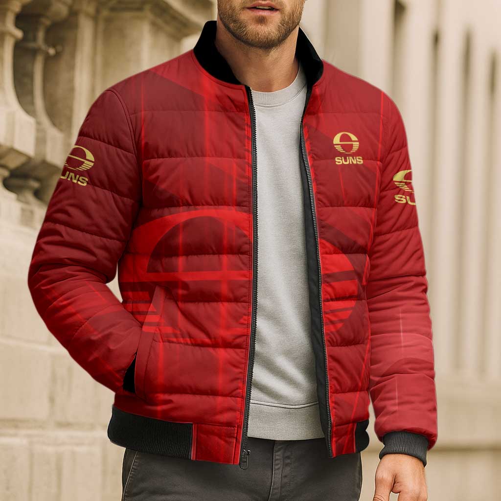 Personalized Gold Coast Suns Bomber Puffer Jacket Modern Geometric Sports Graphic Style