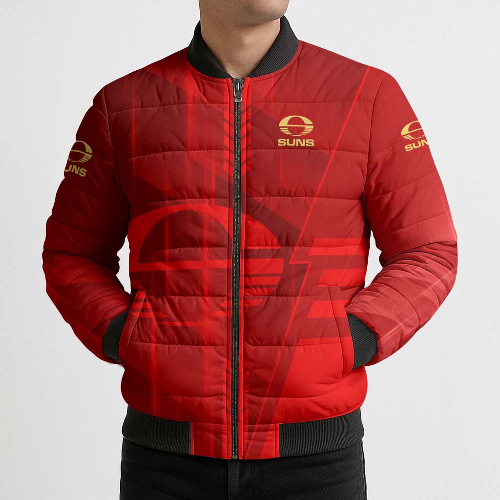 Personalized Gold Coast Suns Bomber Puffer Jacket Modern Geometric Sports Graphic Style