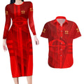 Personalized Gold Coast Suns Couples Matching Long Sleeve Bodycon Dress and Hawaiian Shirt Modern Geometric Sports Graphic Style