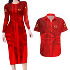 Personalized Gold Coast Suns Couples Matching Long Sleeve Bodycon Dress and Hawaiian Shirt Modern Geometric Sports Graphic Style