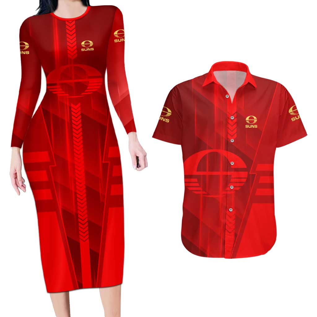 Personalized Gold Coast Suns Couples Matching Long Sleeve Bodycon Dress and Hawaiian Shirt Modern Geometric Sports Graphic Style