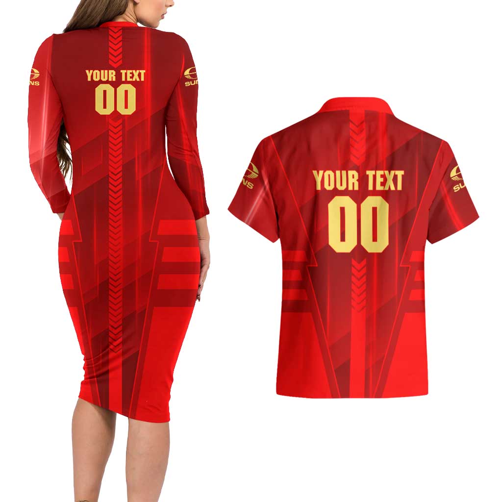 Personalized Gold Coast Suns Couples Matching Long Sleeve Bodycon Dress and Hawaiian Shirt Modern Geometric Sports Graphic Style