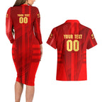 Personalized Gold Coast Suns Couples Matching Long Sleeve Bodycon Dress and Hawaiian Shirt Modern Geometric Sports Graphic Style