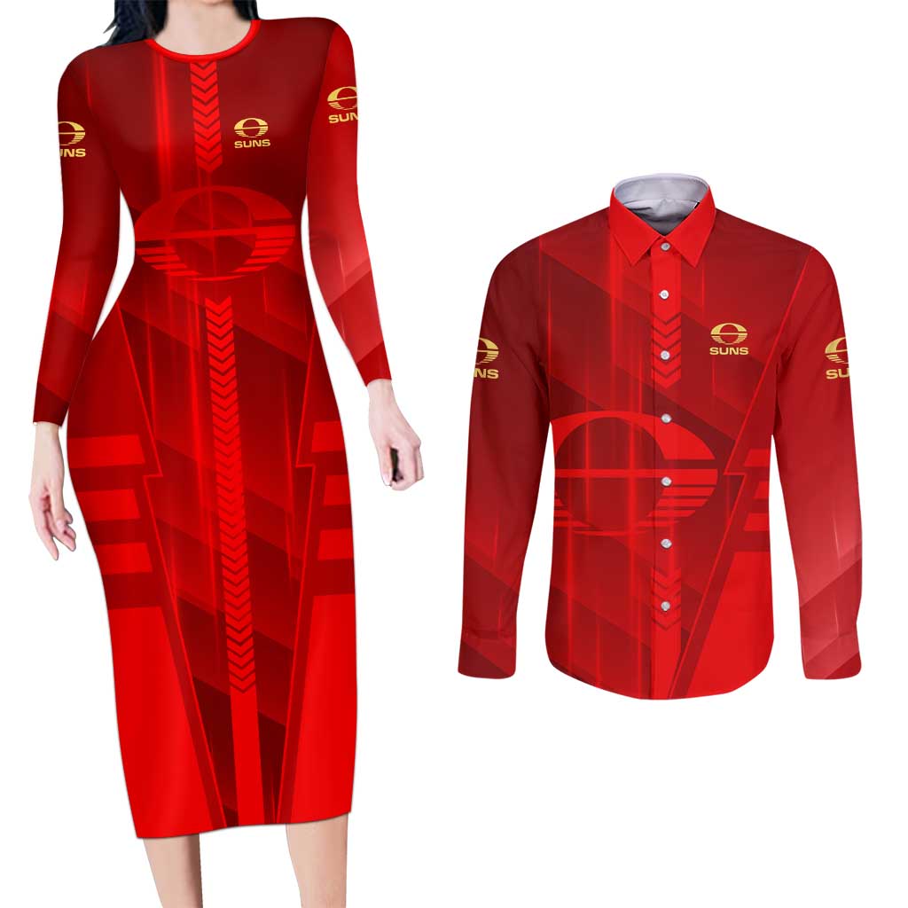 Personalized Gold Coast Suns Couples Matching Long Sleeve Bodycon Dress and Long Sleeve Button Shirt Modern Geometric Sports Graphic Style