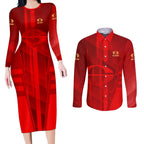 Personalized Gold Coast Suns Couples Matching Long Sleeve Bodycon Dress and Long Sleeve Button Shirt Modern Geometric Sports Graphic Style
