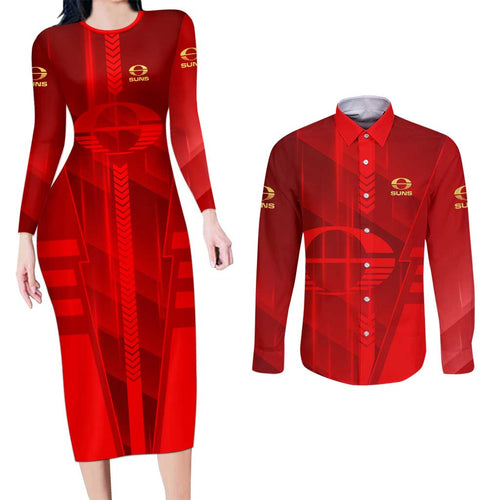 Personalized Gold Coast Suns Couples Matching Long Sleeve Bodycon Dress and Long Sleeve Button Shirt Modern Geometric Sports Graphic Style