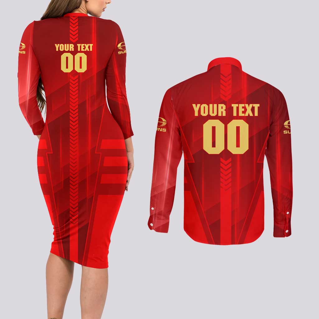 Personalized Gold Coast Suns Couples Matching Long Sleeve Bodycon Dress and Long Sleeve Button Shirt Modern Geometric Sports Graphic Style