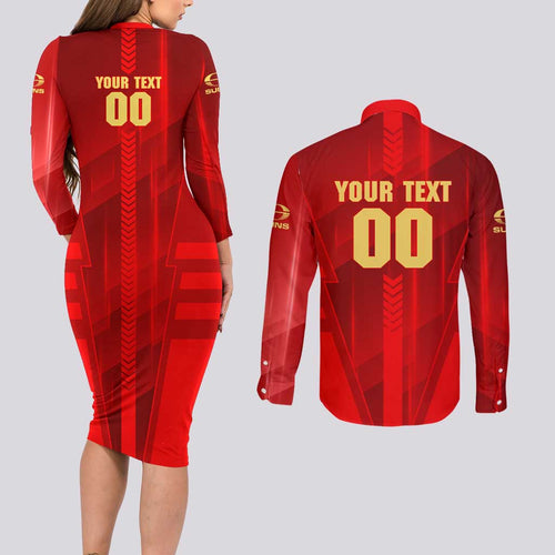 Personalized Gold Coast Suns Couples Matching Long Sleeve Bodycon Dress and Long Sleeve Button Shirt Modern Geometric Sports Graphic Style