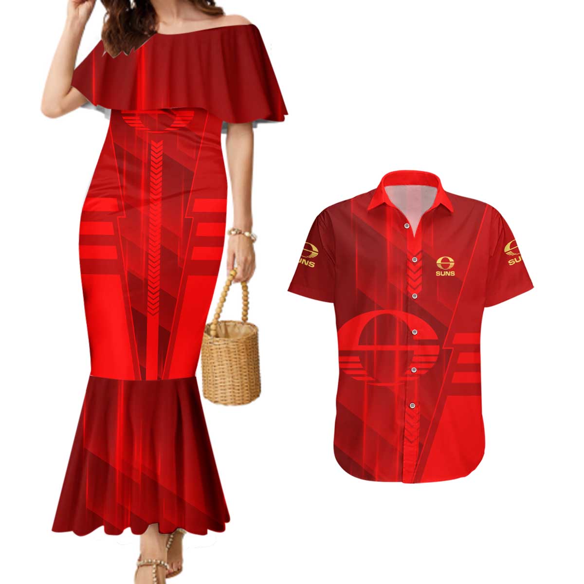 Personalized Gold Coast Suns Couples Matching Mermaid Dress and Hawaiian Shirt Modern Geometric Sports Graphic Style