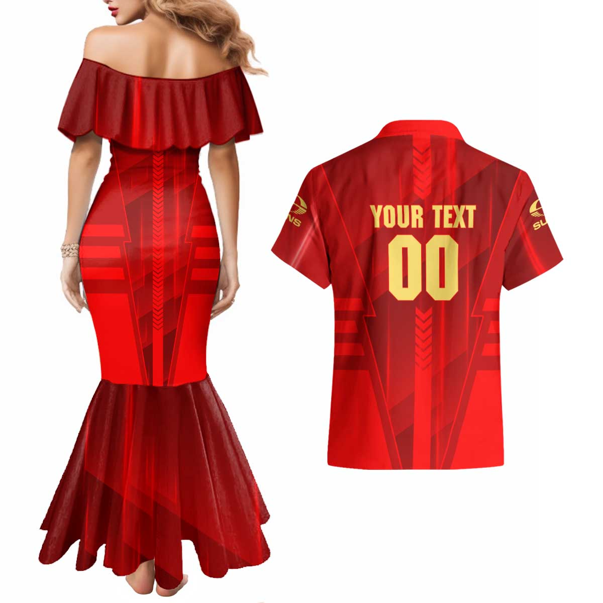 Personalized Gold Coast Suns Couples Matching Mermaid Dress and Hawaiian Shirt Modern Geometric Sports Graphic Style