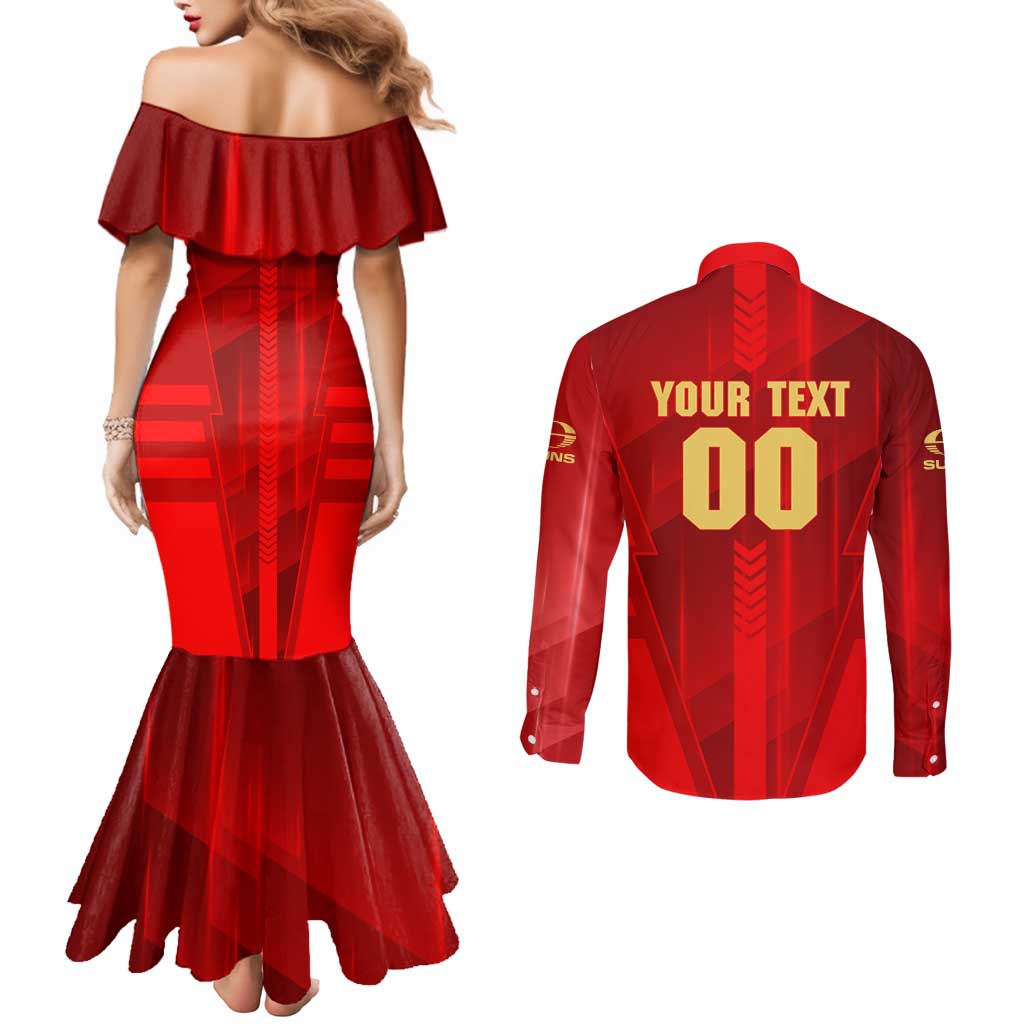 Personalized Gold Coast Suns Couples Matching Mermaid Dress and Long Sleeve Button Shirt Modern Geometric Sports Graphic Style