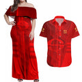 Personalized Gold Coast Suns Couples Matching Off Shoulder Maxi Dress and Hawaiian Shirt Modern Geometric Sports Graphic Style