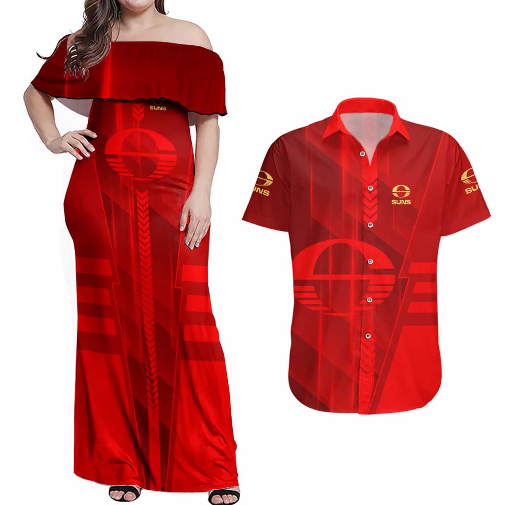 Personalized Gold Coast Suns Couples Matching Off Shoulder Maxi Dress and Hawaiian Shirt Modern Geometric Sports Graphic Style