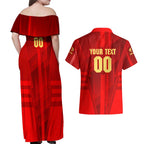 Personalized Gold Coast Suns Couples Matching Off Shoulder Maxi Dress and Hawaiian Shirt Modern Geometric Sports Graphic Style