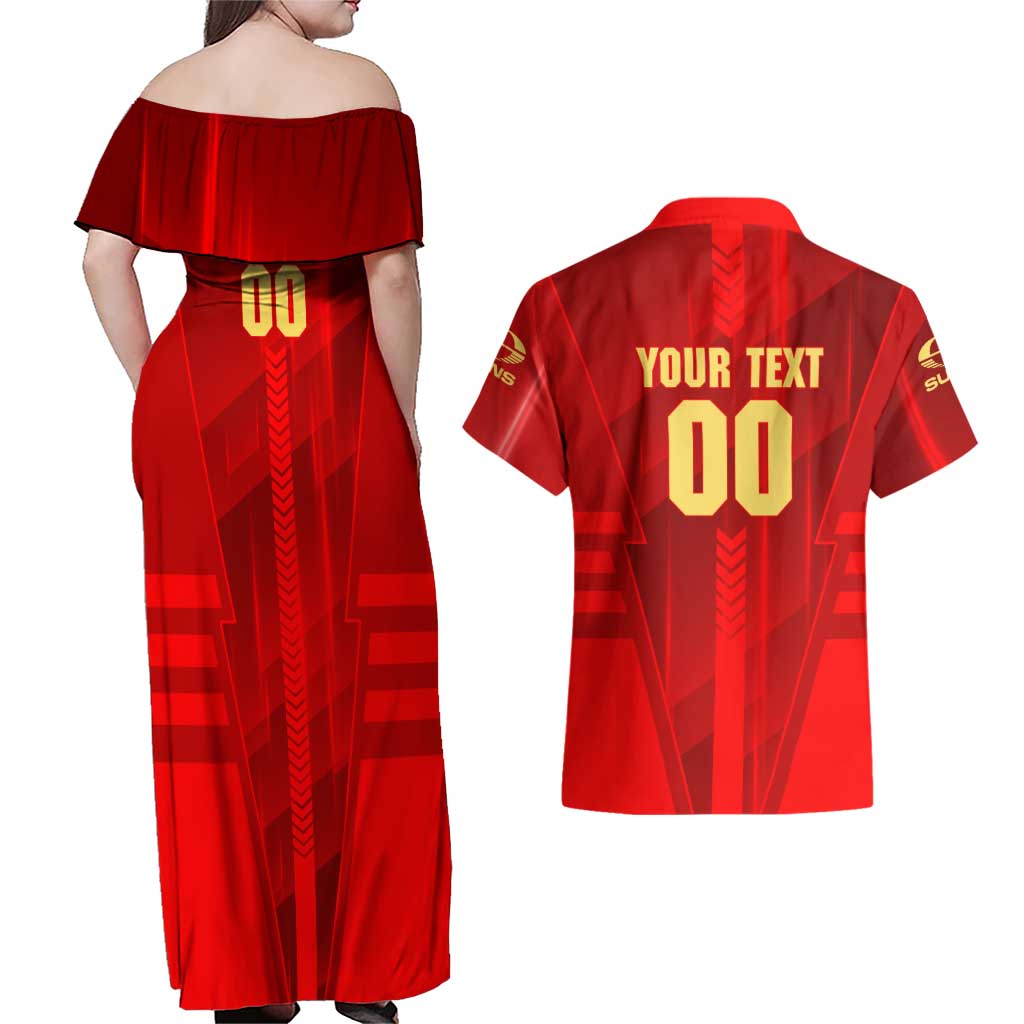 Personalized Gold Coast Suns Couples Matching Off Shoulder Maxi Dress and Hawaiian Shirt Modern Geometric Sports Graphic Style