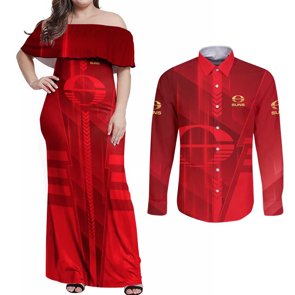 Personalized Gold Coast Suns Couples Matching Off Shoulder Maxi Dress and Long Sleeve Button Shirt Modern Geometric Sports Graphic Style