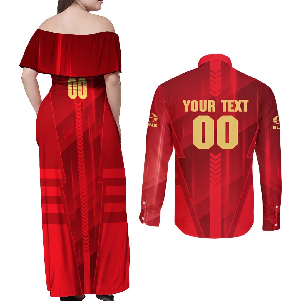 Personalized Gold Coast Suns Couples Matching Off Shoulder Maxi Dress and Long Sleeve Button Shirt Modern Geometric Sports Graphic Style