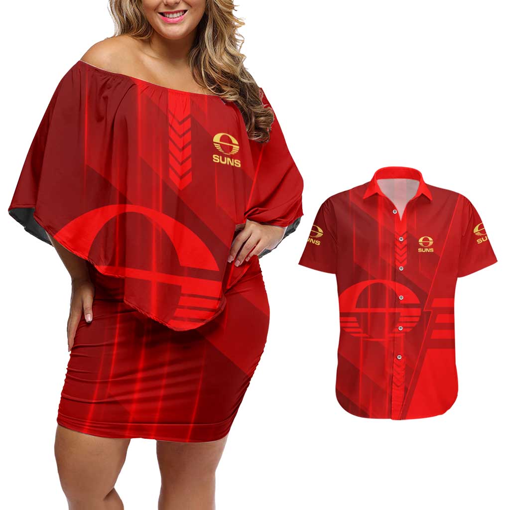 Personalized Gold Coast Suns Couples Matching Off Shoulder Short Dress and Hawaiian Shirt Modern Geometric Sports Graphic Style