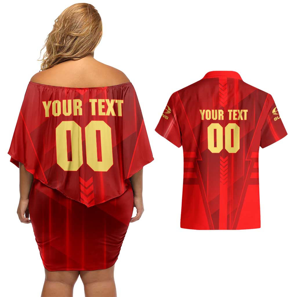 Personalized Gold Coast Suns Couples Matching Off Shoulder Short Dress and Hawaiian Shirt Modern Geometric Sports Graphic Style