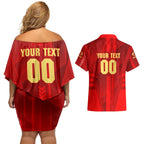 Personalized Gold Coast Suns Couples Matching Off Shoulder Short Dress and Hawaiian Shirt Modern Geometric Sports Graphic Style
