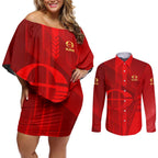 Personalized Gold Coast Suns Couples Matching Off Shoulder Short Dress and Long Sleeve Button Shirt Modern Geometric Sports Graphic Style