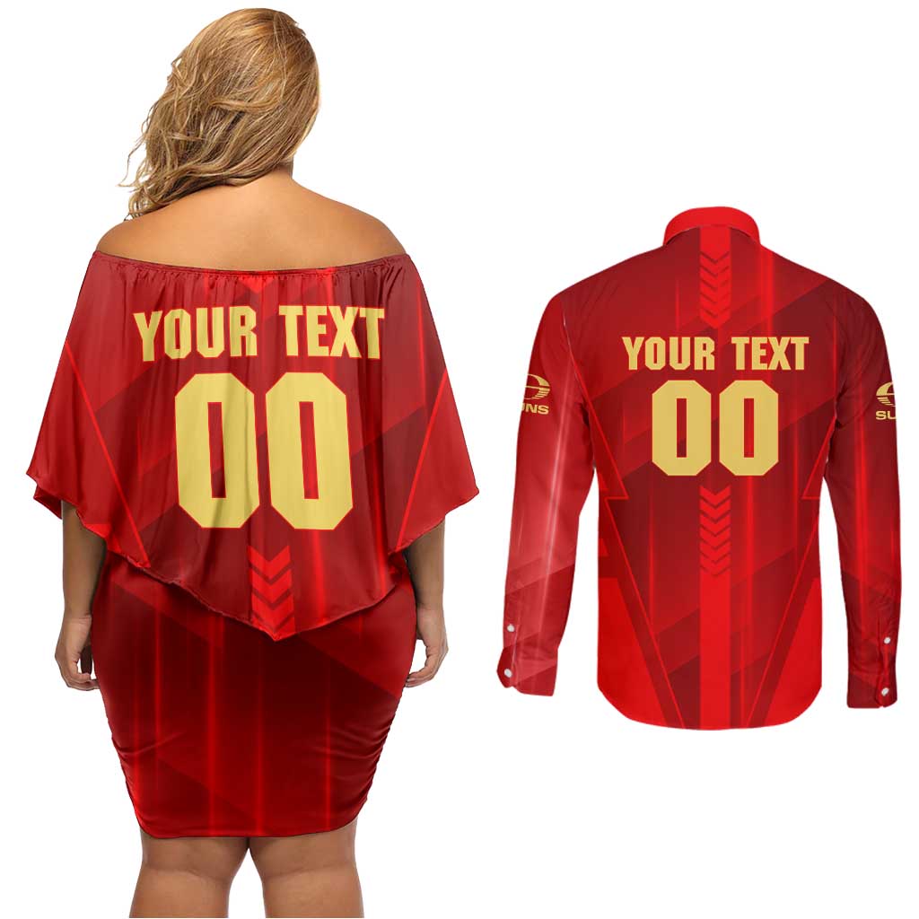 Personalized Gold Coast Suns Couples Matching Off Shoulder Short Dress and Long Sleeve Button Shirt Modern Geometric Sports Graphic Style