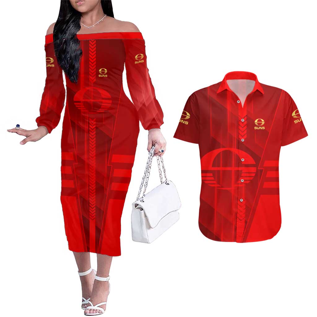 Personalized Gold Coast Suns Couples Matching Off The Shoulder Long Sleeve Dress and Hawaiian Shirt Modern Geometric Sports Graphic Style