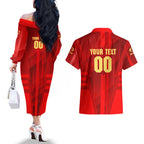 Personalized Gold Coast Suns Couples Matching Off The Shoulder Long Sleeve Dress and Hawaiian Shirt Modern Geometric Sports Graphic Style