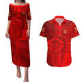 Personalized Gold Coast Suns Couples Matching Puletasi and Hawaiian Shirt Modern Geometric Sports Graphic Style