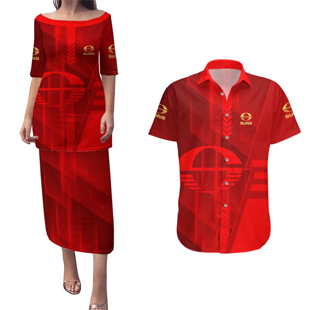 Personalized Gold Coast Suns Couples Matching Puletasi and Hawaiian Shirt Modern Geometric Sports Graphic Style