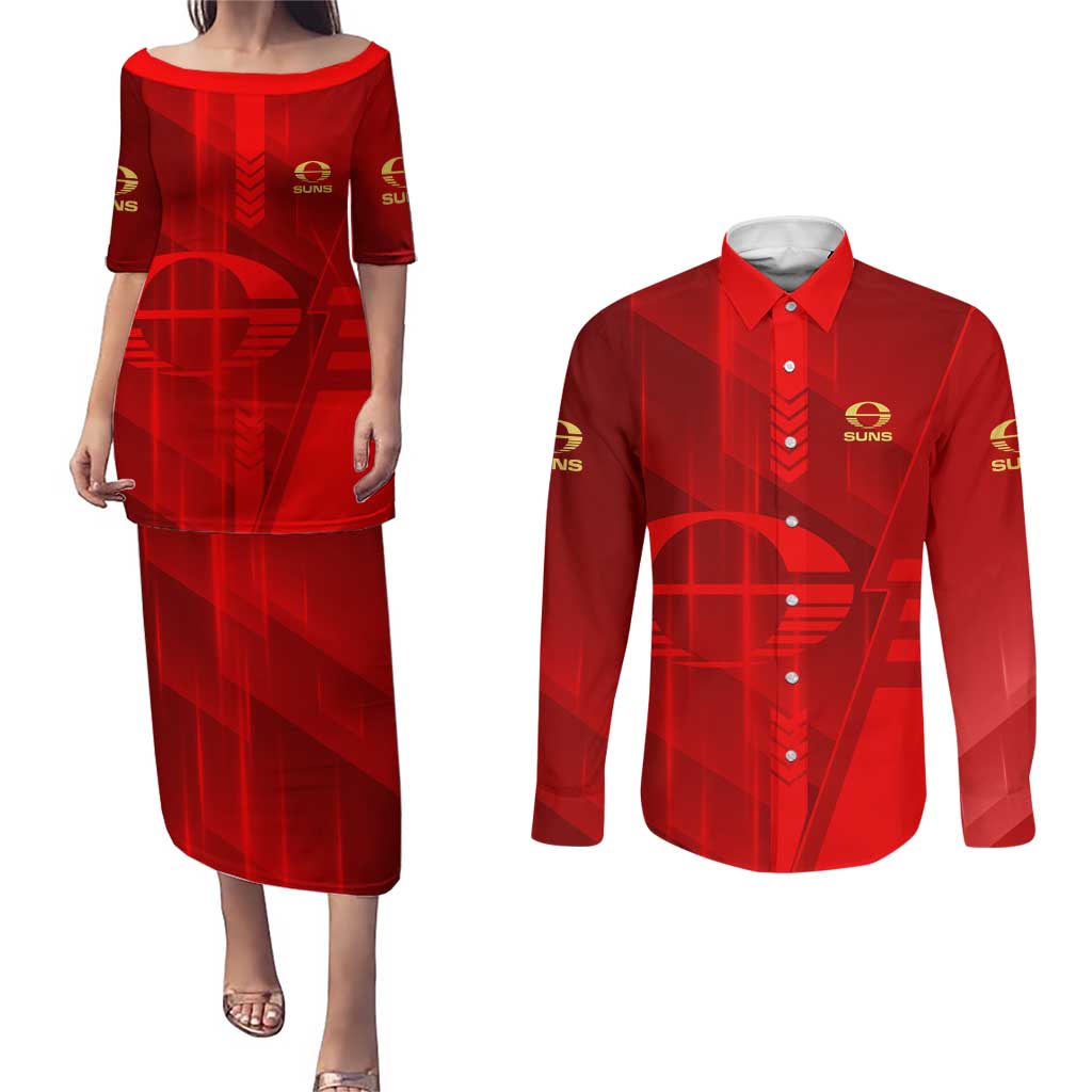 Personalized Gold Coast Suns Couples Matching Puletasi and Long Sleeve Button Shirt Modern Geometric Sports Graphic Style