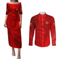Personalized Gold Coast Suns Couples Matching Puletasi and Long Sleeve Button Shirt Modern Geometric Sports Graphic Style